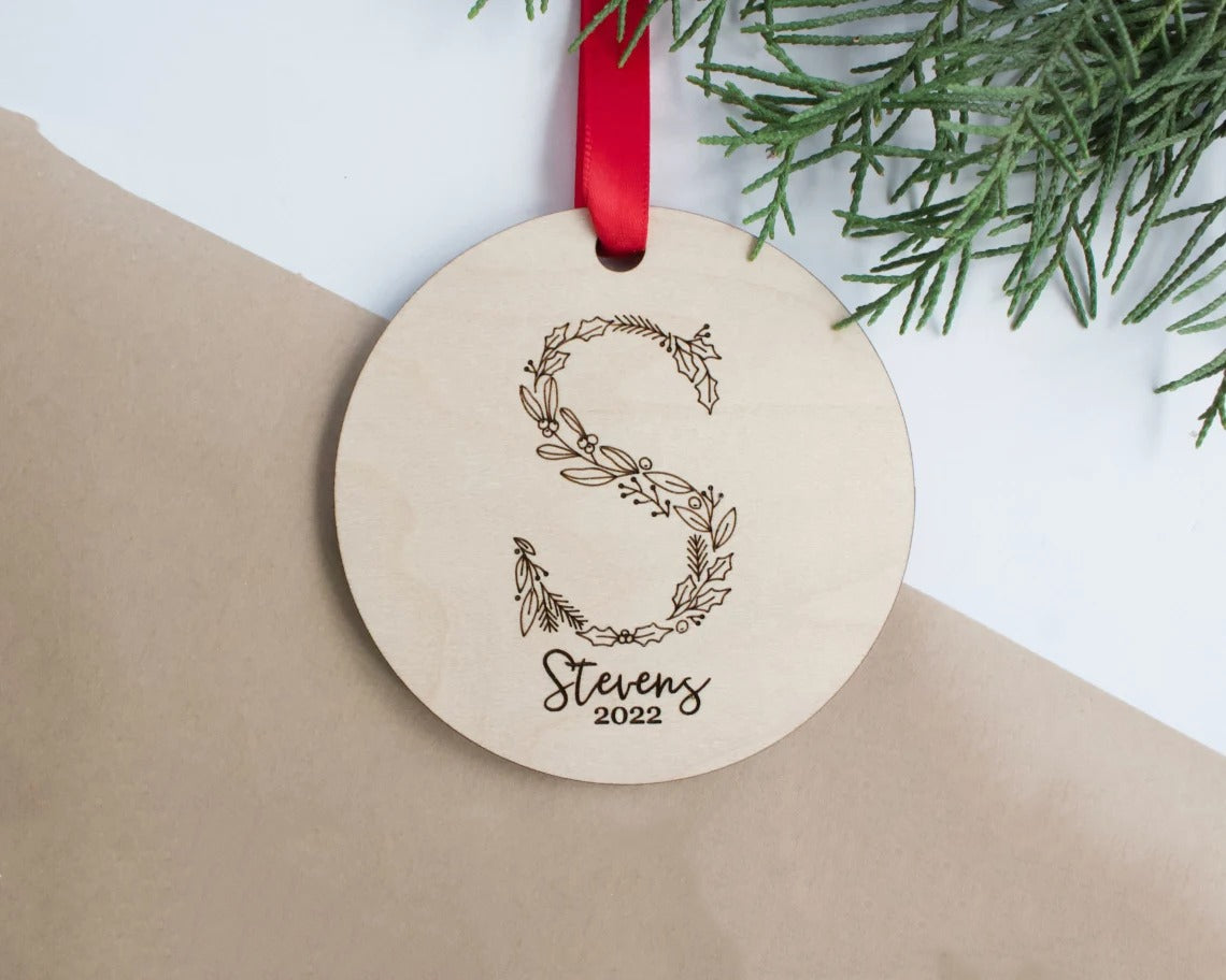 Engraved Customized Christmas Ornament - Floral Monogram