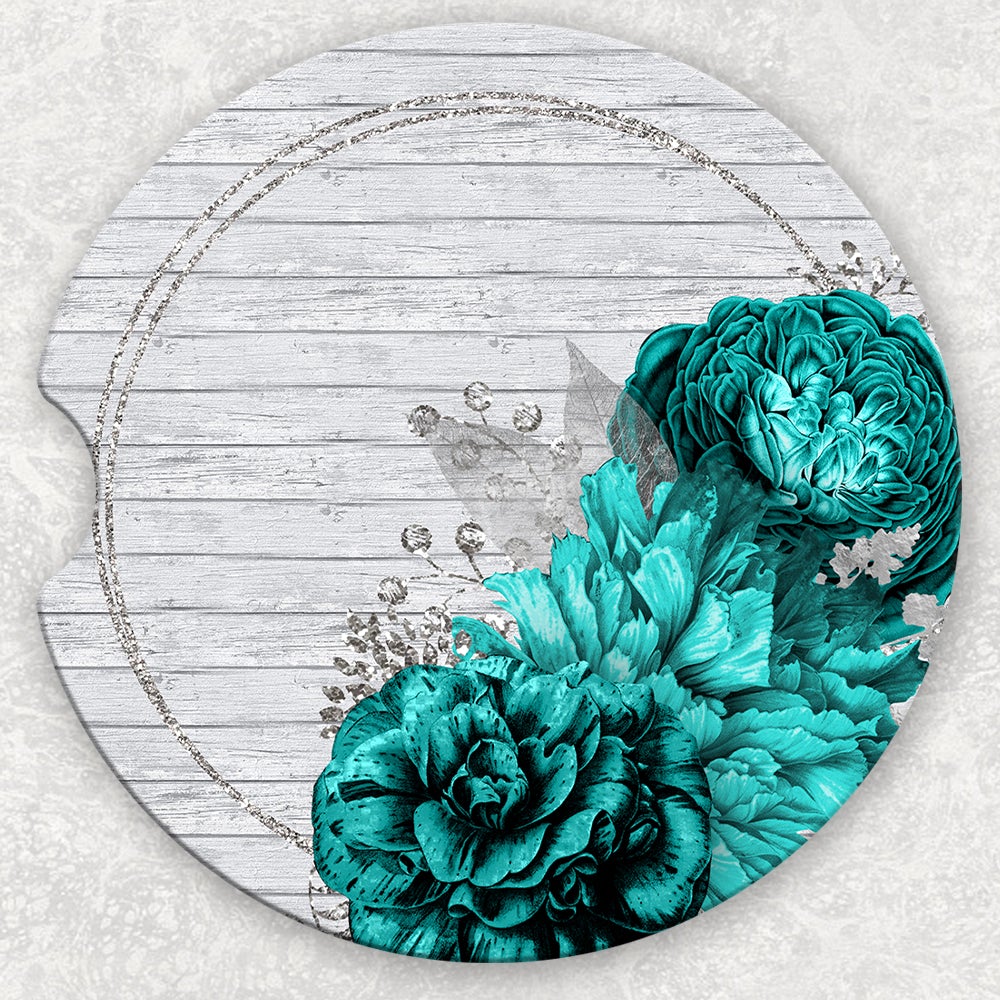 Car Coaster Set - Wood Turquoise Floral