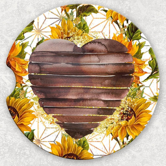 Car Coaster Set - Wooden Heart And Sunflowers