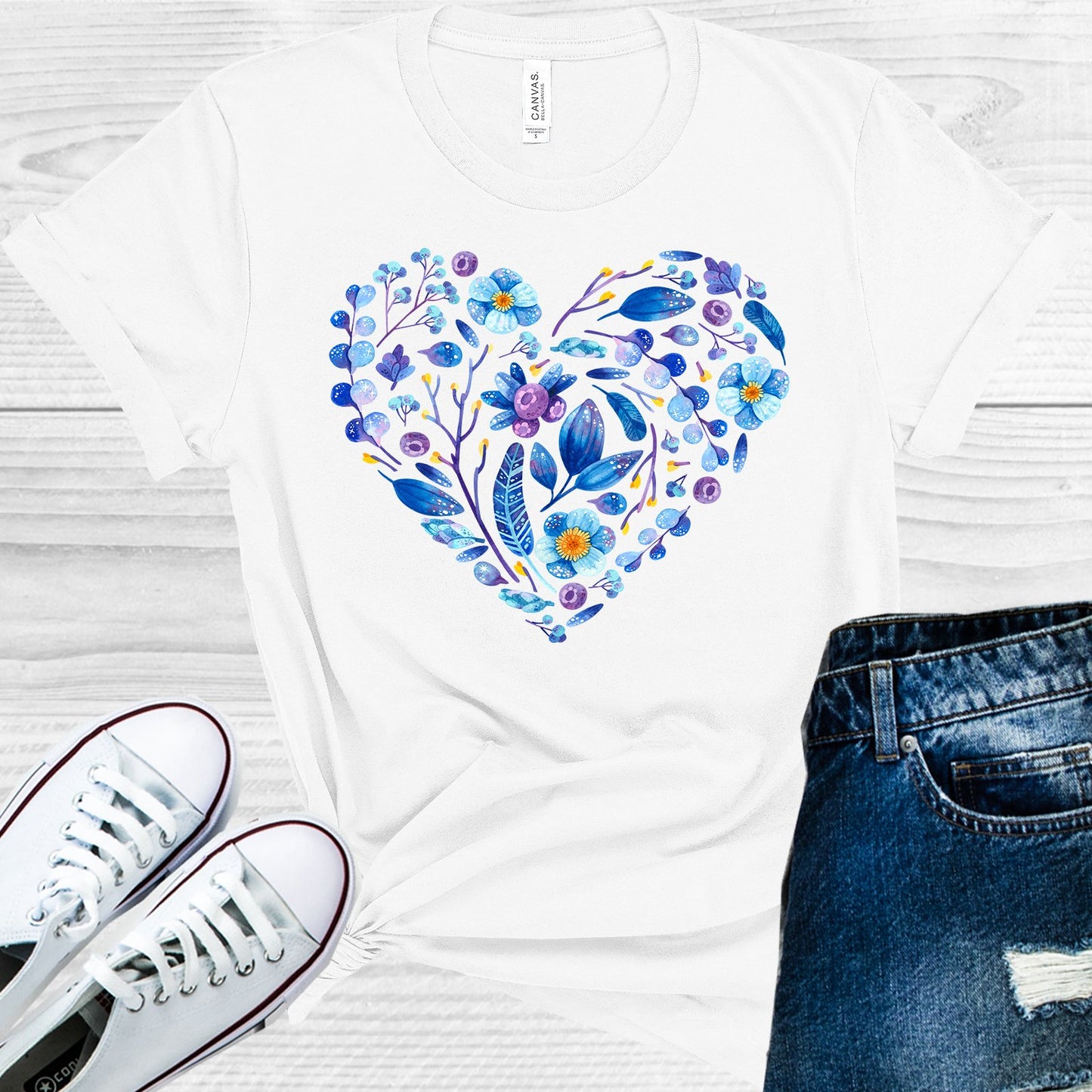 Blue Floral Heart Graphic Tee Graphic Tee