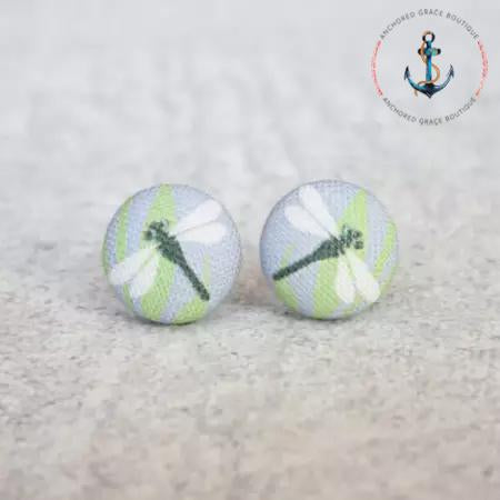 Dragonfly Fabric Button Earrings