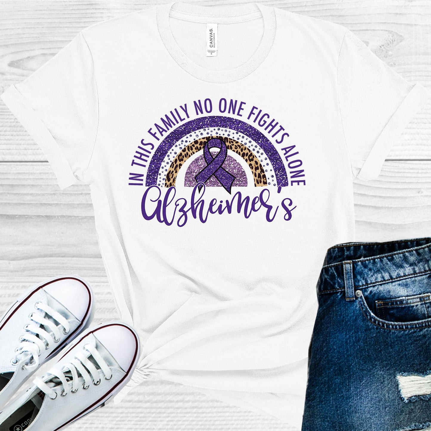 In This Family No One Fights Alone Alzheimers Ribbon Graphic Tee Graphic Tee