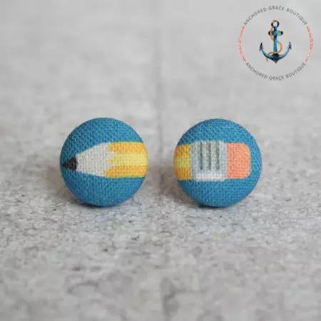 Back To School Pencil Fabric Button Earrings