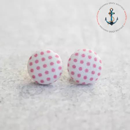 Pink Polka Dot Fabric Button Earrings
