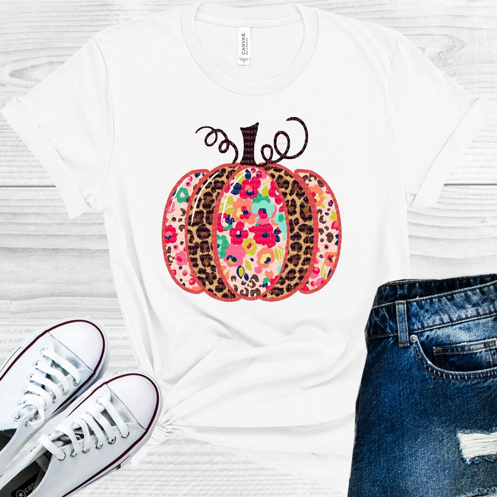 Floral And Leopard Pumpkin Graphic Tee Graphic Tee