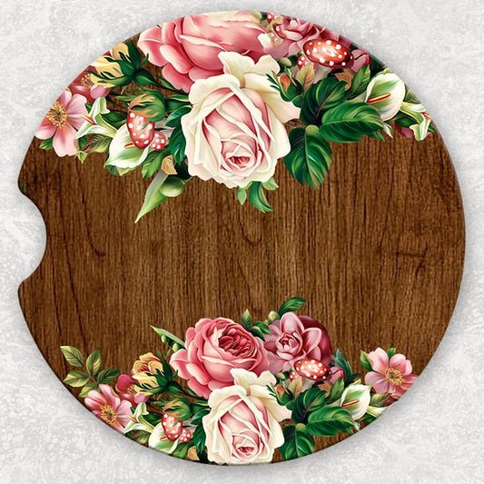 Car Coaster Set - Floral And Wood