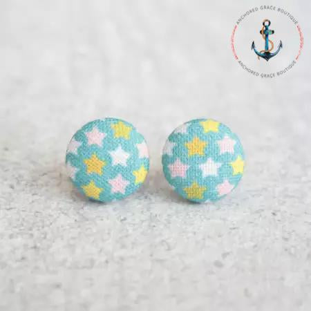 Tiny Stars Fabric Covered Button Earrings