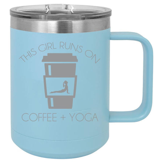 This Girl Runs On Coffee + Yoga 15 Oz Polar Camel Mug With Sliding Lid